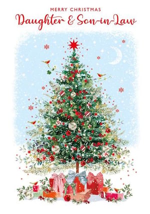 a christmas card for a daughter and son-in-law with a christmas tree and presents underneath it .