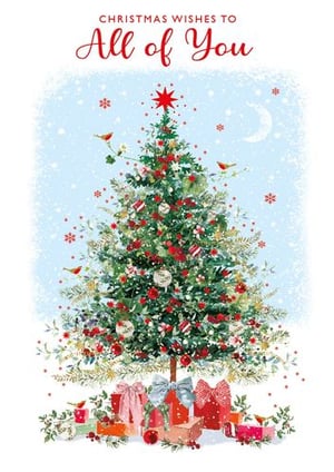 a christmas card with a christmas tree and gifts on it .