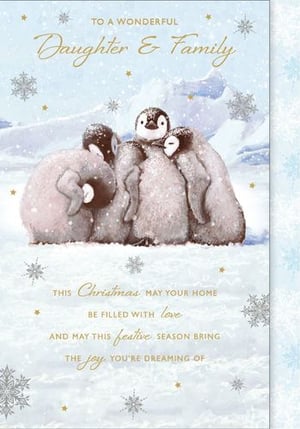 a christmas card for a daughter and family with three penguins hugging each other in the snow .