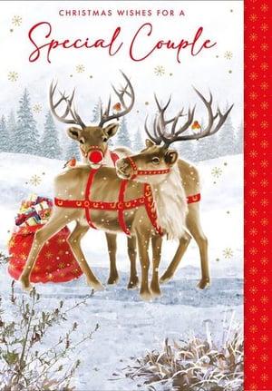 a couple of reindeer standing next to each other in the snow on a christmas card .