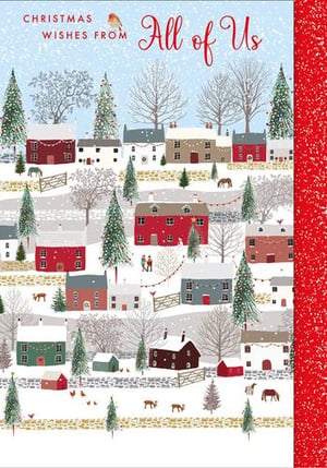 a christmas card with a picture of a village covered in snow .