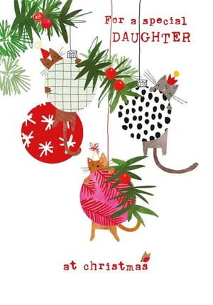 a christmas card for a special daughter with cats hanging from a christmas tree .