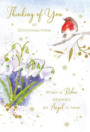 a robin is perched on a branch next to snowdrop flowers on a christmas card .