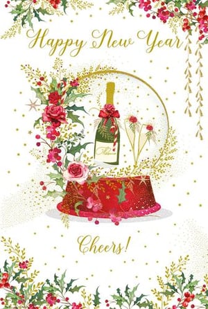 a happy new year card with a snow globe filled with champagne and flowers .