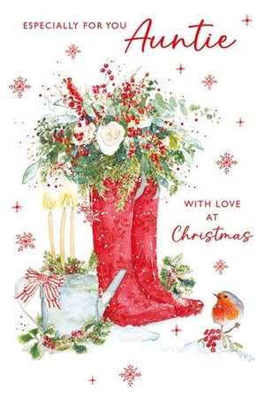 a christmas card for an auntie with a red boot filled with flowers and candles .