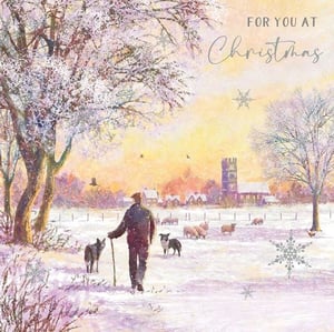 it is a painting of a man walking his dogs in the snow .