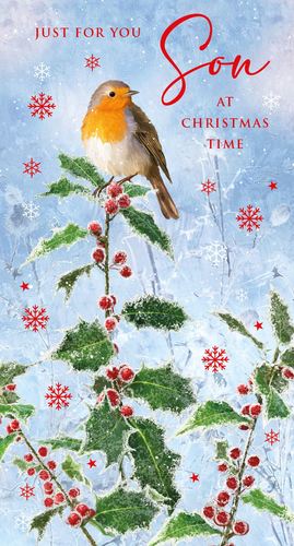 a robin is perched on a branch of holly on a christmas card .