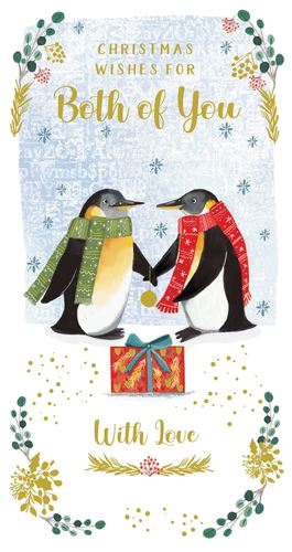 a christmas card with two penguins holding hands and a gift box .