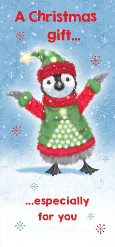 a penguin dressed as a christmas tree is on a christmas card .