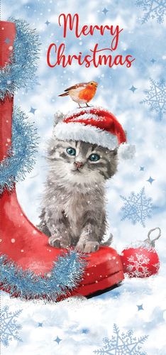 a kitten wearing a santa hat is sitting on a red boot .