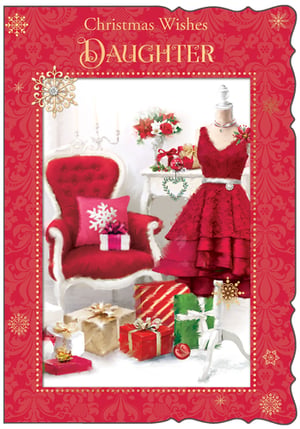 a christmas card for a daughter with a red dress