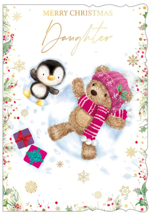 a merry christmas daughter card with a teddy bear and penguin