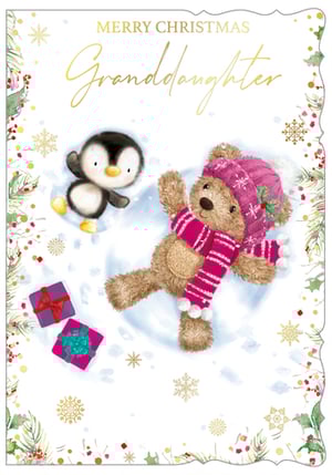 a merry christmas granddaughter card with a teddy bear and penguin