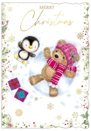 a merry christmas card with a teddy bear and penguin