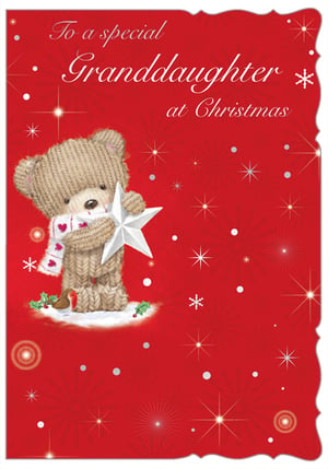 a red christmas card with a teddy bear and the words to a special granddaughter at christmas