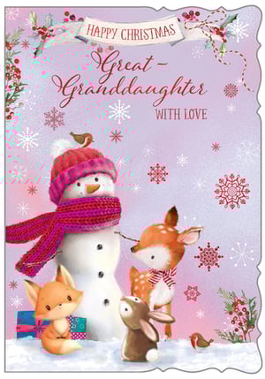 a christmas card for a great granddaughter with a snowman