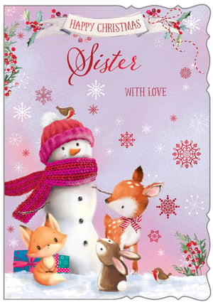 a christmas card for a sister with a snowman and animals