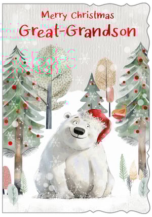a christmas card for a great grandson with a polar bear wearing a santa hat