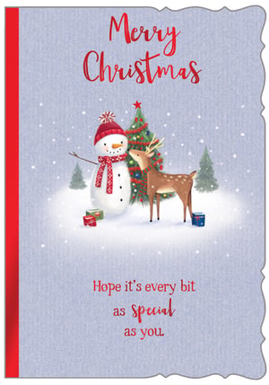 a merry christmas card with a snowman and a deer