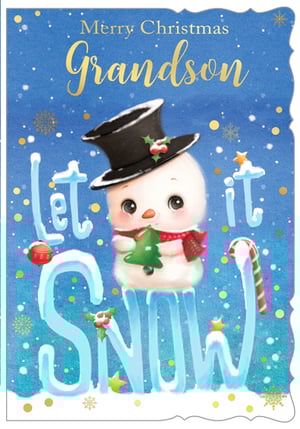 a merry christmas grandson card with a snowman
