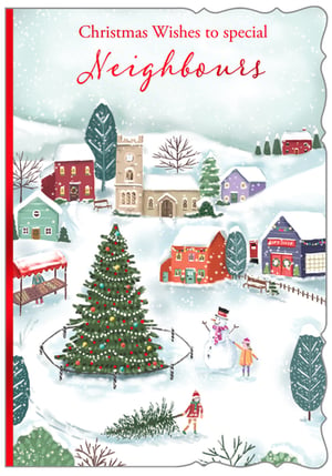 christmas wishes to special neighbours with an illustration of a snowy village