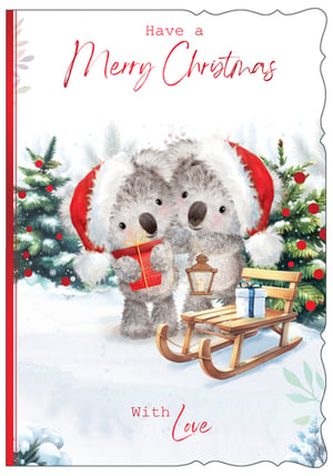 a merry christmas card with two koalas on a sled