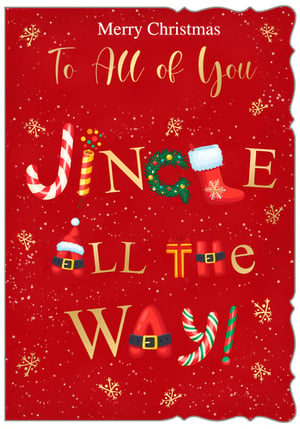 a red christmas card that says merry christmas to all of you jingle all the way