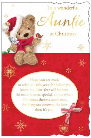a christmas card for an auntie with a teddy bear wearing a santa hat