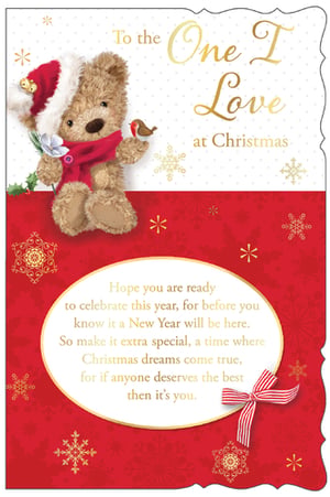 a christmas card with a teddy bear wearing a santa hat