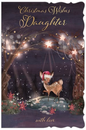 a christmas card for a daughter with a deer wearing a santa hat