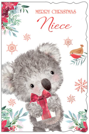 a merry christmas card with a koala bear holding a gift