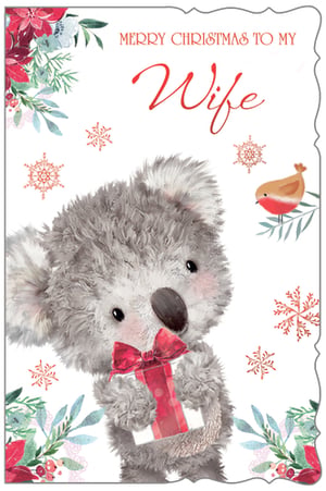 a christmas card with a koala bear holding a gift and the words merry christmas to my wife