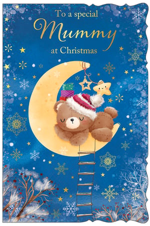 a christmas card with a teddy bear sleeping on the moon