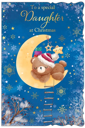 a christmas card with a teddy bear sleeping on the moon