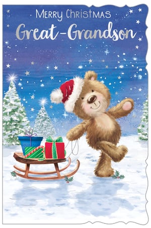 a christmas card with a teddy bear wearing a santa hat