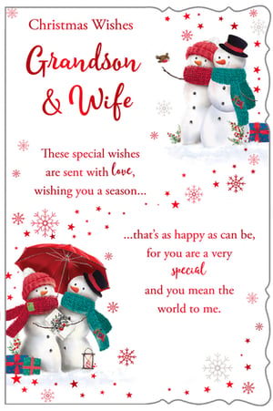 a christmas card for grandson and wife with snowmen on it