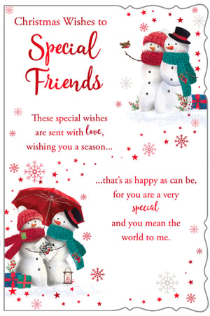 christmas wishes to special friends with two snowmen holding an umbrella