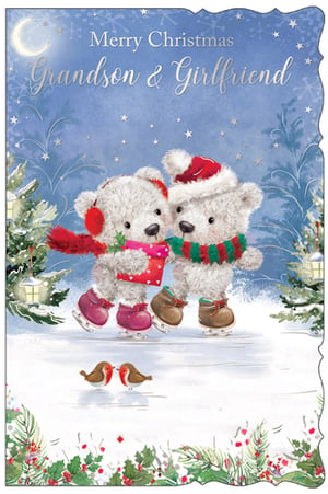 a merry christmas card for grandson and girlfriend