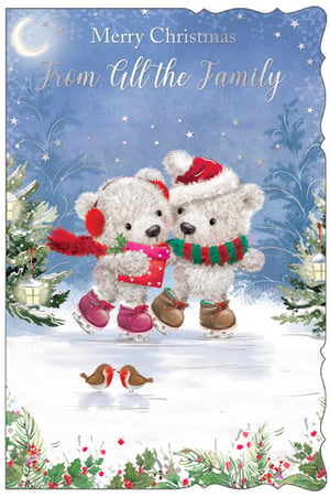 a merry christmas card with two teddy bears ice skating