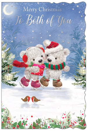 a merry christmas card with two teddy bears ice skating