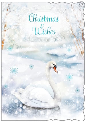 a christmas wishes card with a swan in the water