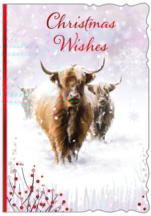 a christmas wishes card with a picture of a herd of cows in the snow