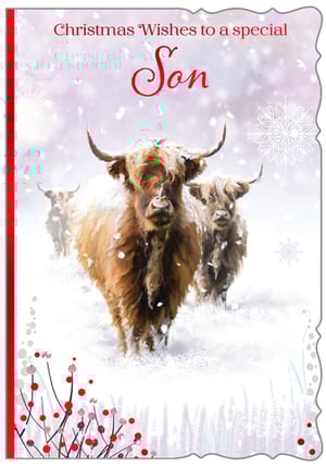 christmas wishes to a special son with a picture of cows in the snow