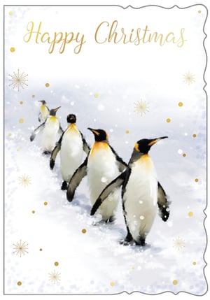 a christmas card with penguins and the words happy christmas