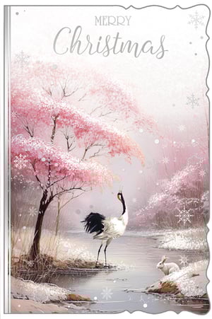 a merry christmas card with a bird and a rabbit