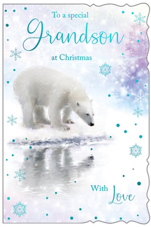 a christmas card with a polar bear and the words to a special grandson at christmas with love