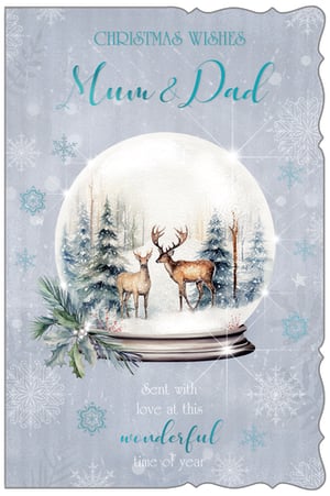 a christmas card for mum and dad with two deer in a snow globe