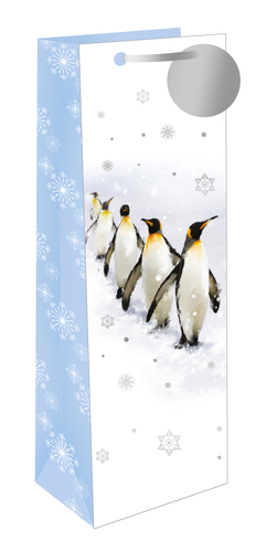 a gift bag with penguins and snowflakes on it