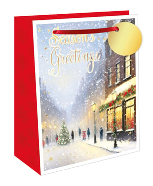 a red gift bag that says season 's greetings on it