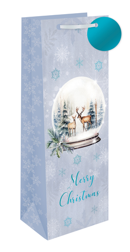 a merry christmas gift bag with two deer in a snow globe